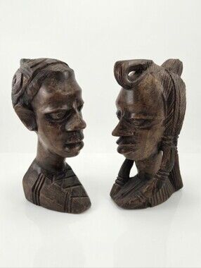 Vintage Hand Carved African Hardwood Bust Sculptures Pair